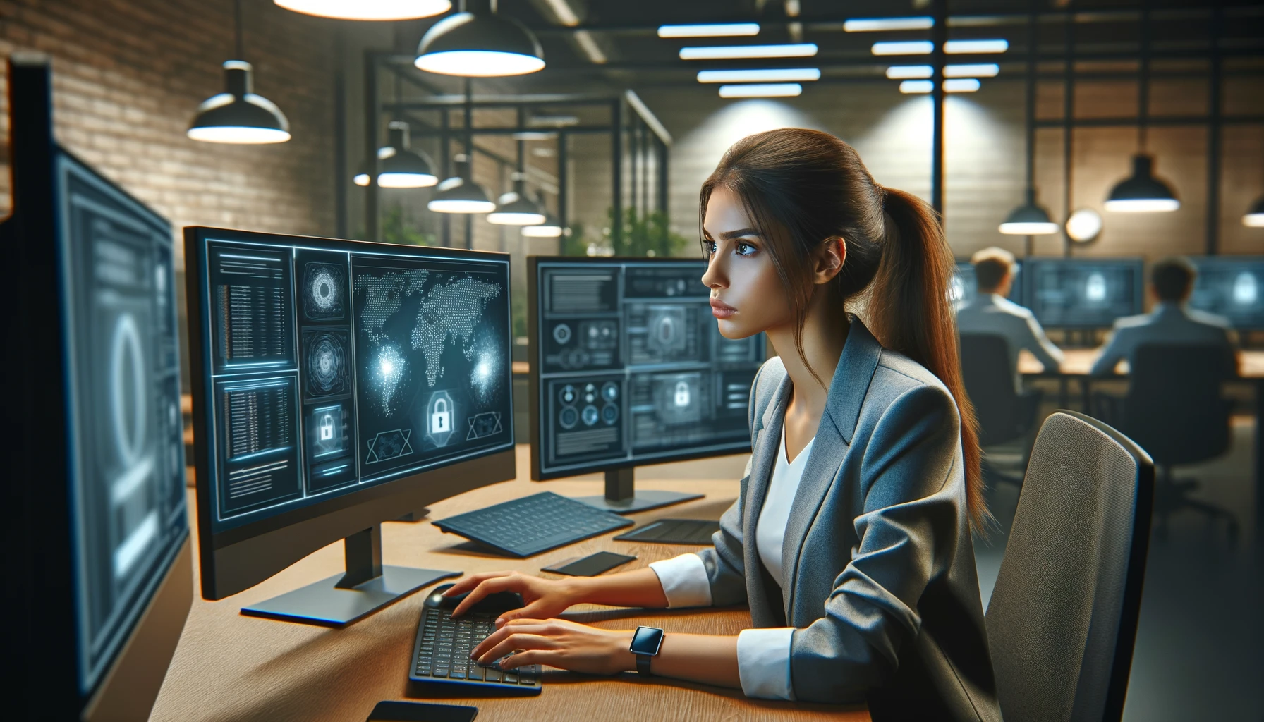 a young woman focused on her computer screen, illustrating a cyber security concept