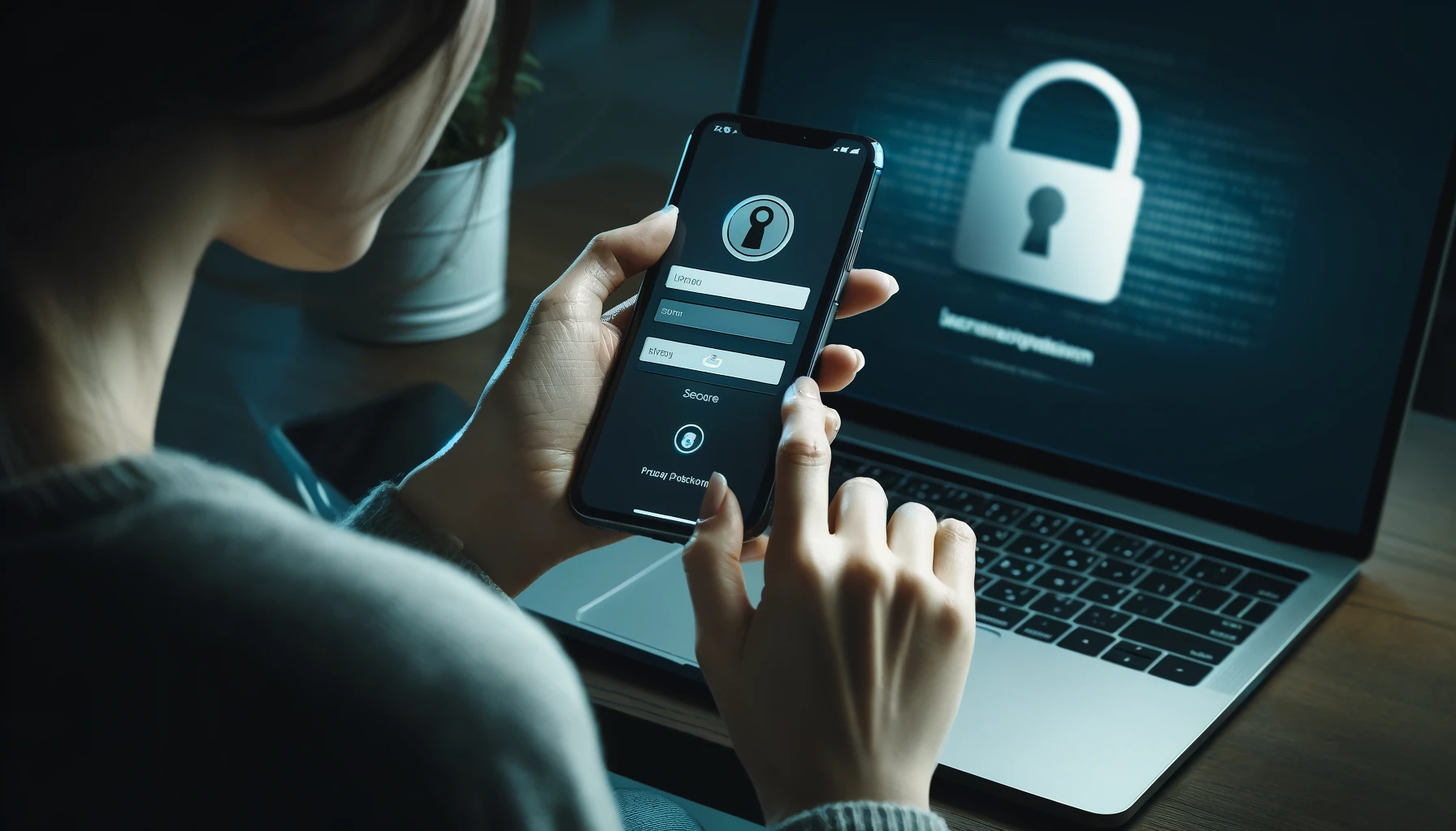 An over-the-shoulder shot of a woman using a smartphone to log into a laptop, illustrating the concept of privacy protection, internet, and mobile security