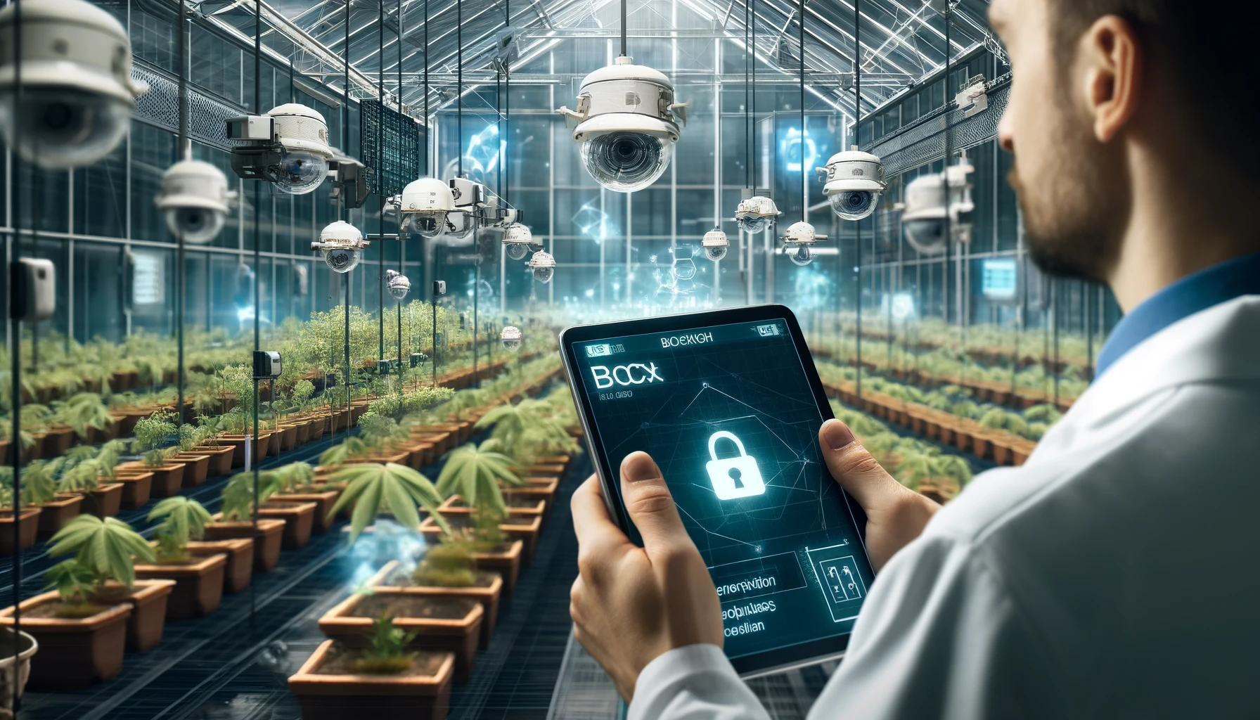 A scientist is shown using a tablet that displays real-time data and blockchain encryption details for the plants being monitored