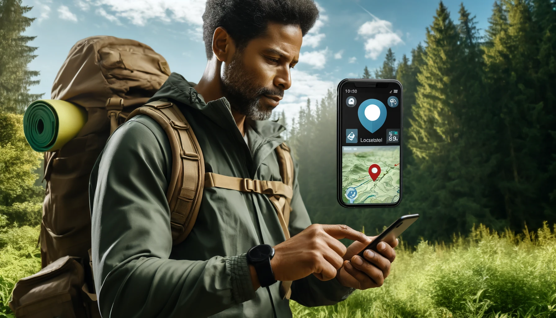 a middle-aged African American man using his smartphone with a location tracking app while hiking in a forest. 