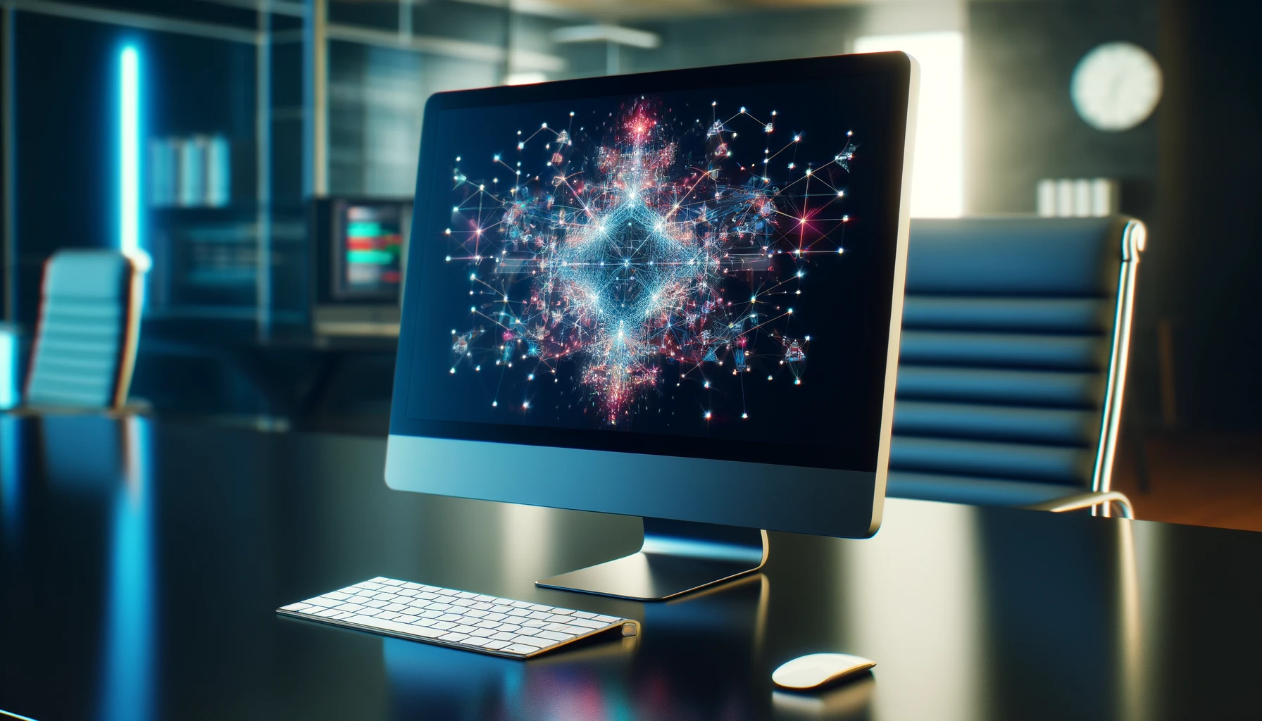 A computer with schematic pictures on the screen in an office.