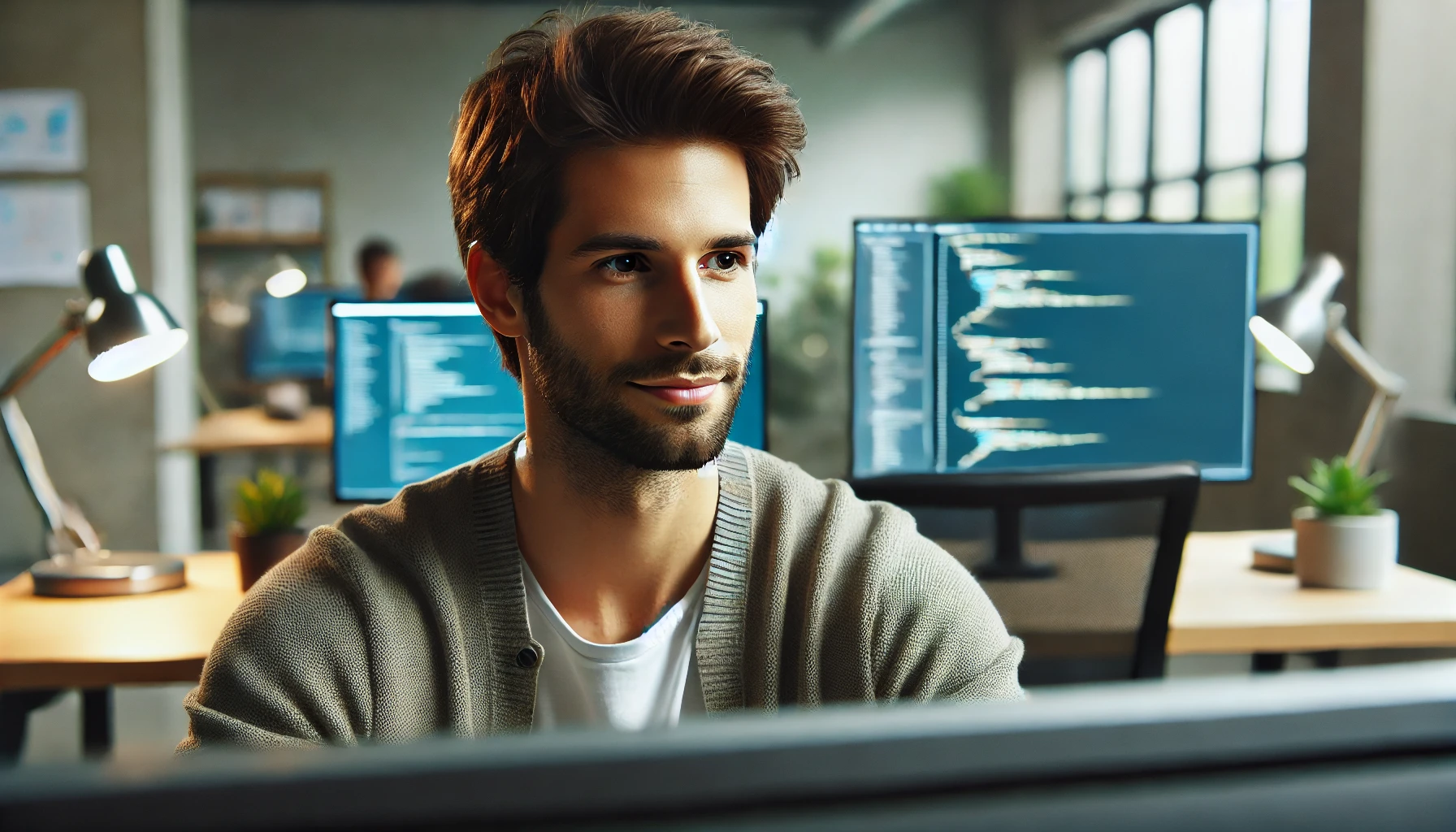 A male developer is calmly working on a computer in a modern office setting to implement blockchain to location tracking app.