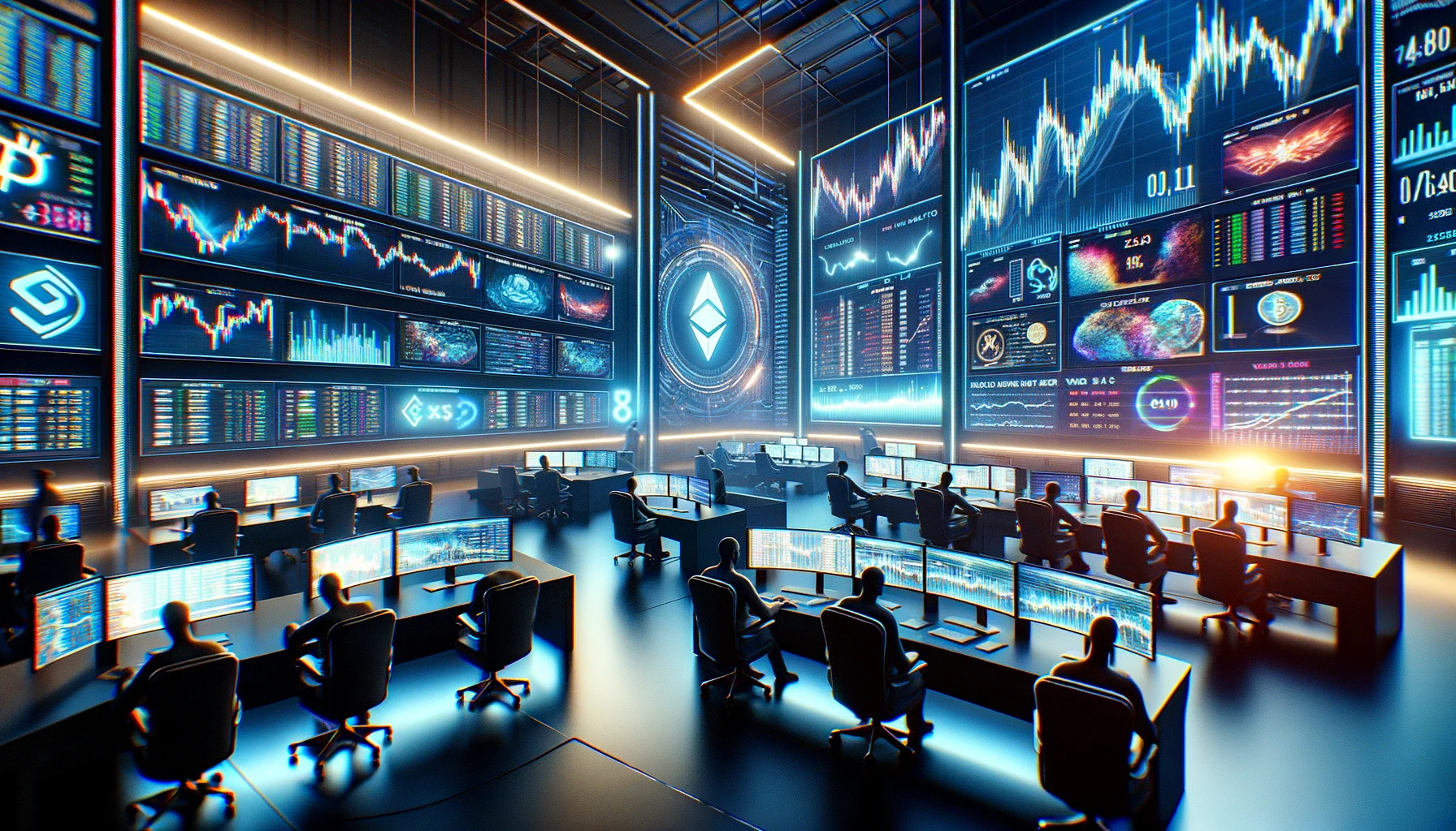 a high-tech cryptocurrency trading floor bustling with activity. It shows traders monitoring and analyzing live data on large digital displays about various Web3 tokens like Ethereum, Solana, and Binance Coin