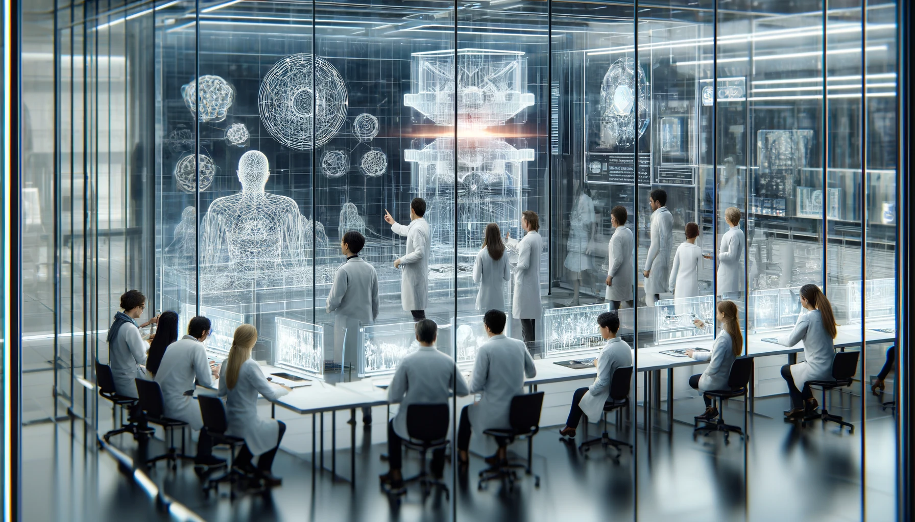 a futuristic AI research lab where a team of scientists is analyzing and discussing convolutional neural network models