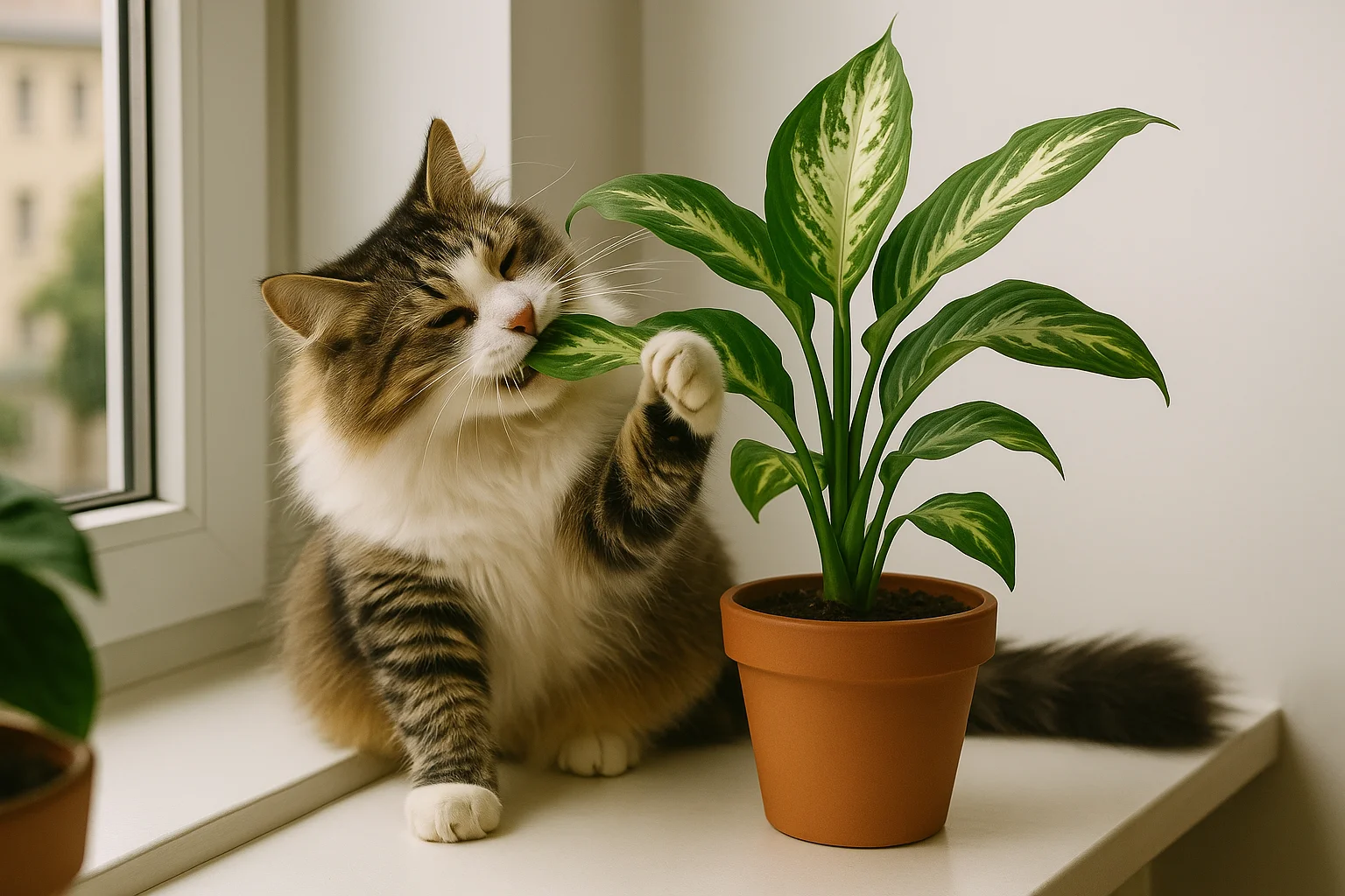 A playful cat paws at a windowsill plant, illustrating the risks pets face when toxic species are within reach.