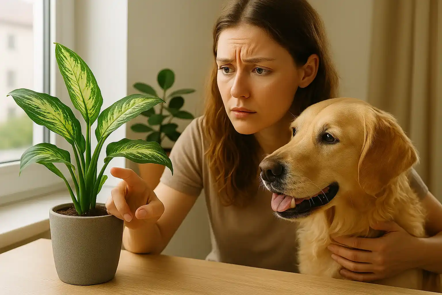 A young woman gently lifts her curious dog away from a houseplant, showing how pet owners must stay alert around greenery at home.