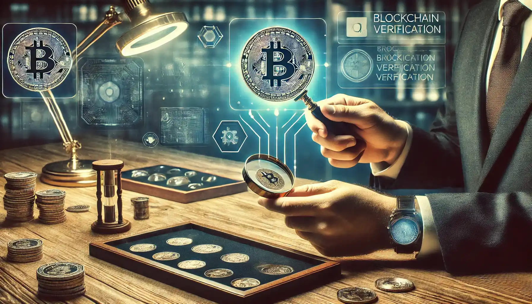 a collector examining a rare coin using a magnifying glass, with a futuristic blockchain verification screen projected in the background.