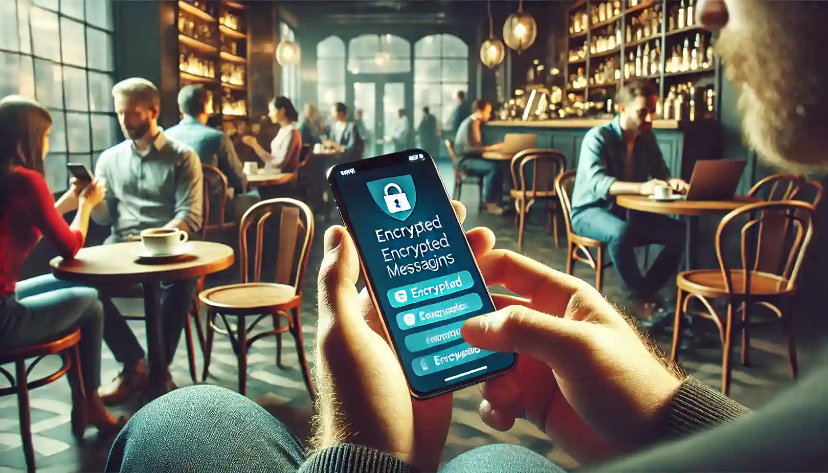 an individual using a secure encrypted messaging app on their smartphone in a public setting, like a cafe.