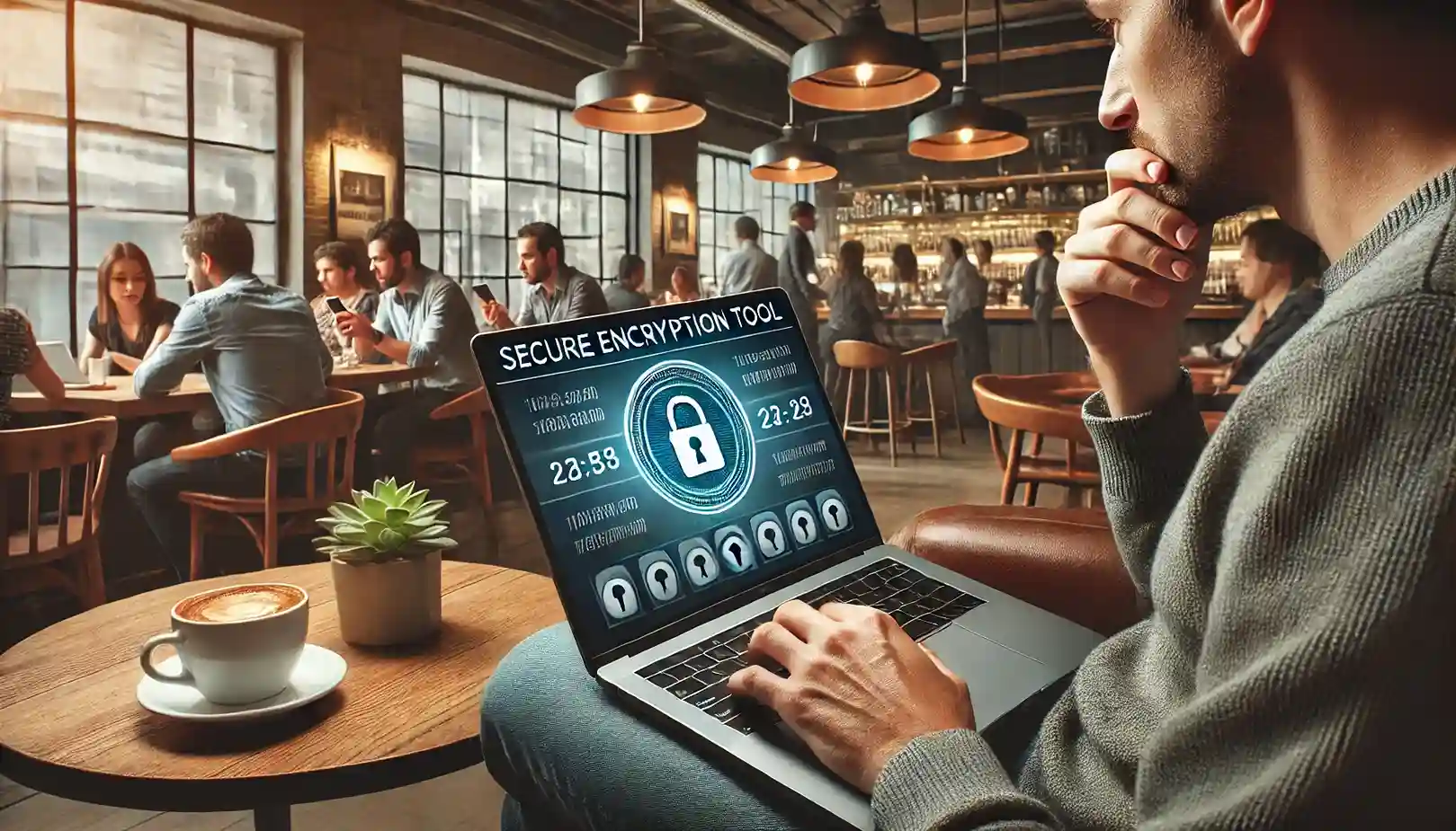 a person in a cozy cafe setting, focused on their laptop screen which displays a secure encryption tool interface.