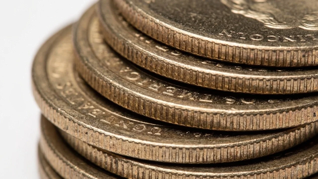 Macro composition of multiple 1 dollar coins stacked